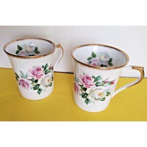 Royal Heritage Ribbed Bone China COFFEE MUG Roses England VTG Set of 2